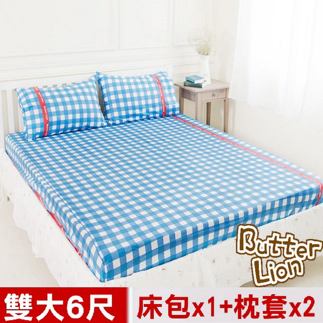 【奶油獅】格紋系列-台灣製造-100%精梳純棉床包三件組(藍)－雙人加大6尺
