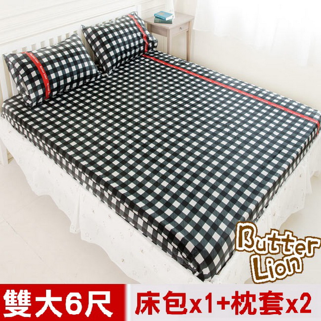 【奶油獅】格紋系列-台灣製造-100%精梳純棉床包三件組(黑)－雙人加大6尺
