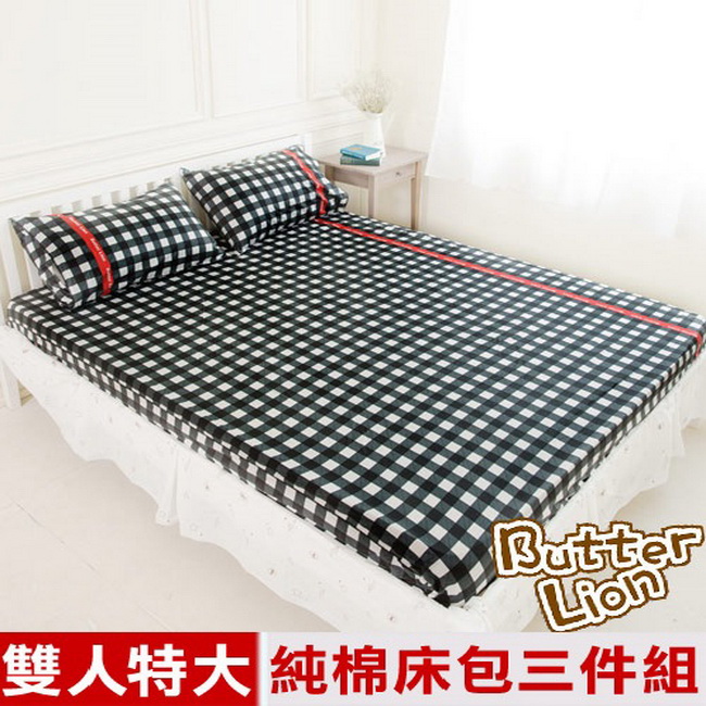 【奶油獅】格紋系列-台灣製造-100%精梳純棉床包三件組(黑)－雙人特大7尺