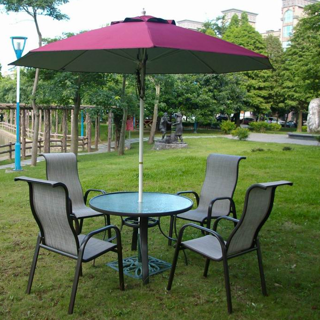 Brother兄弟牌《105cm鋁製庭院桌+高背紗網椅+9尺玻纖太陽傘+12kg傘座》