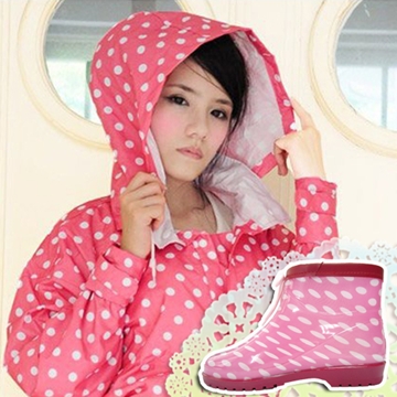 【Sanho】粉紅式風雨衣+圓點短雨靴(粉紅色)