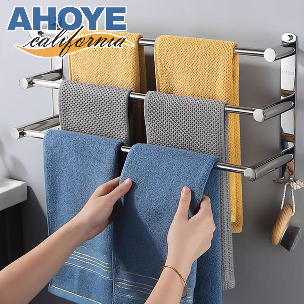 【AHOYE】免打孔三層不鏽鋼浴室毛巾架 (浴室收納架 置物架 毛巾桿 抹布架)