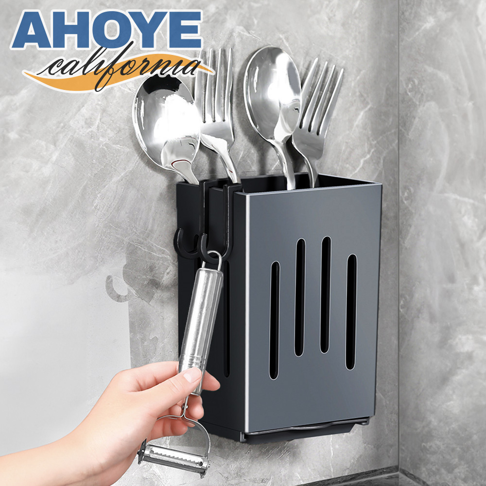【AHOYE】壁掛免打孔餐具收納瀝水架 (筷子收納盒 筷籠 餐具整理架)