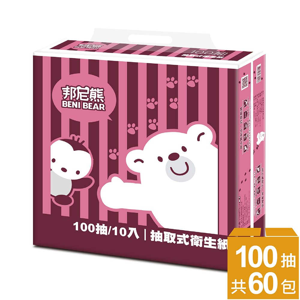 BeniBear邦尼熊復古酒紅條紋抽取式衛生紙100抽10包6袋