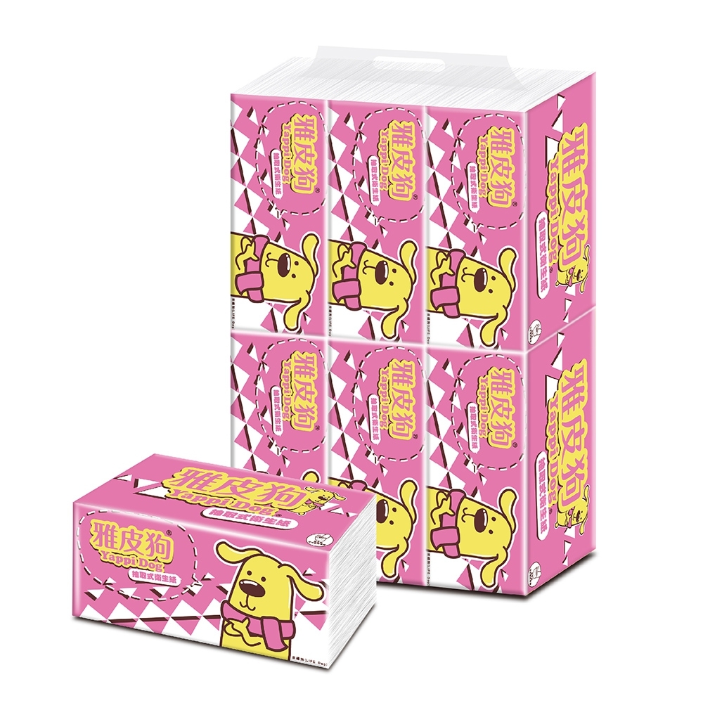雅皮狗抽取式衛生紙100抽6包8袋x2箱(96包)(桃紅+金黃)