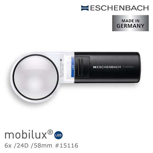 【德國 Eschenbach】mobilux LED 6x/24D/58mm 德國製LED手持型非球面放大鏡 15116 (公司貨)