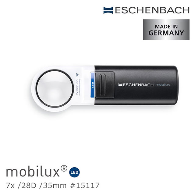 【德國 Eschenbach】mobilux LED 7x/28D/35mm 德國製LED手持型非球面高倍單眼放大鏡 15117