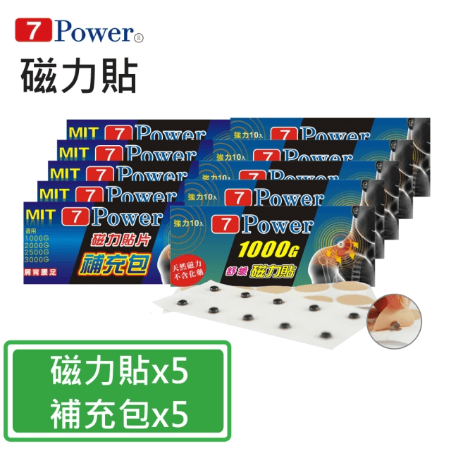 【7Power】MIT舒緩磁力貼1000GX5+替換貼布X5包超值組(磁力貼/包/10枚+替換貼布/包/30枚)