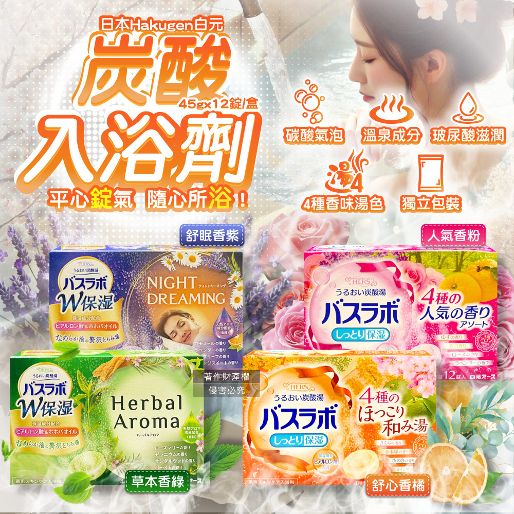 日本Hakugen白元-HERS炭酸湯玻尿酸入浴劑45gx12錠/盒