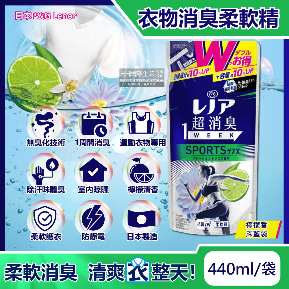 日本P&G Lenor蘭諾-SPORTS運動衣物1Week超消臭香氛柔軟精補充包-檸檬香440ml/深藍袋