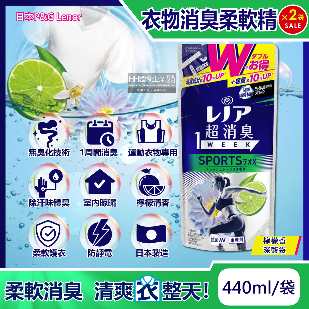 (2袋超值組)日本P&G Lenor蘭諾-SPORTS運動衣物1Week超消臭香氛柔軟精補充包-檸檬香440ml/深藍袋