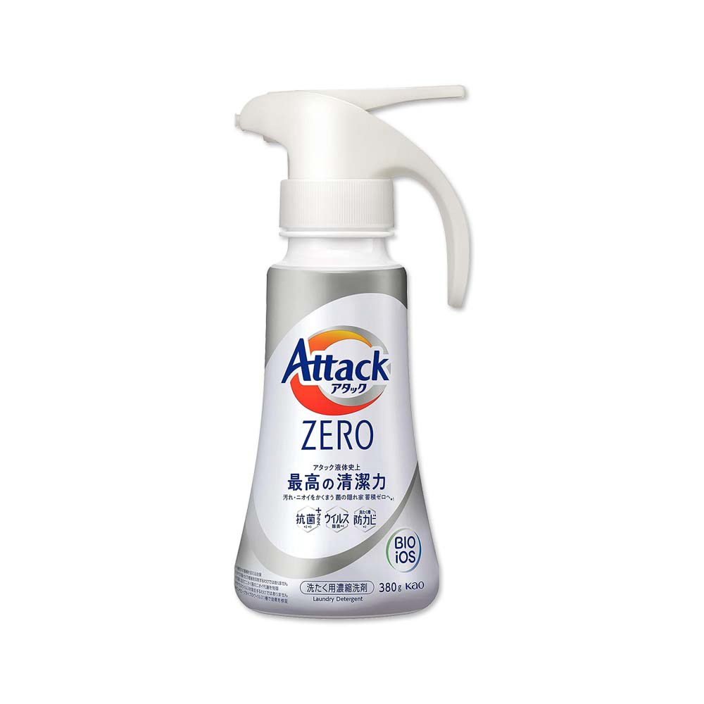 日本KAO花王Attack ZERO-單手按壓超濃縮洗衣精-直立式銀白瓶380g