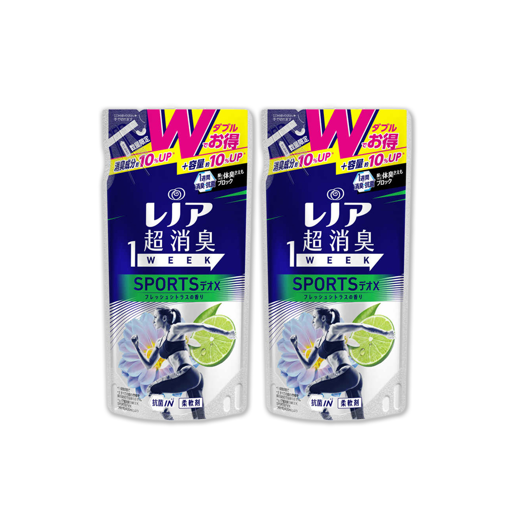 (2袋)日本P&G蘭諾Lenor-SPORTS運動衣物超消臭香氛柔軟精補充包-檸檬香440ml/深藍袋