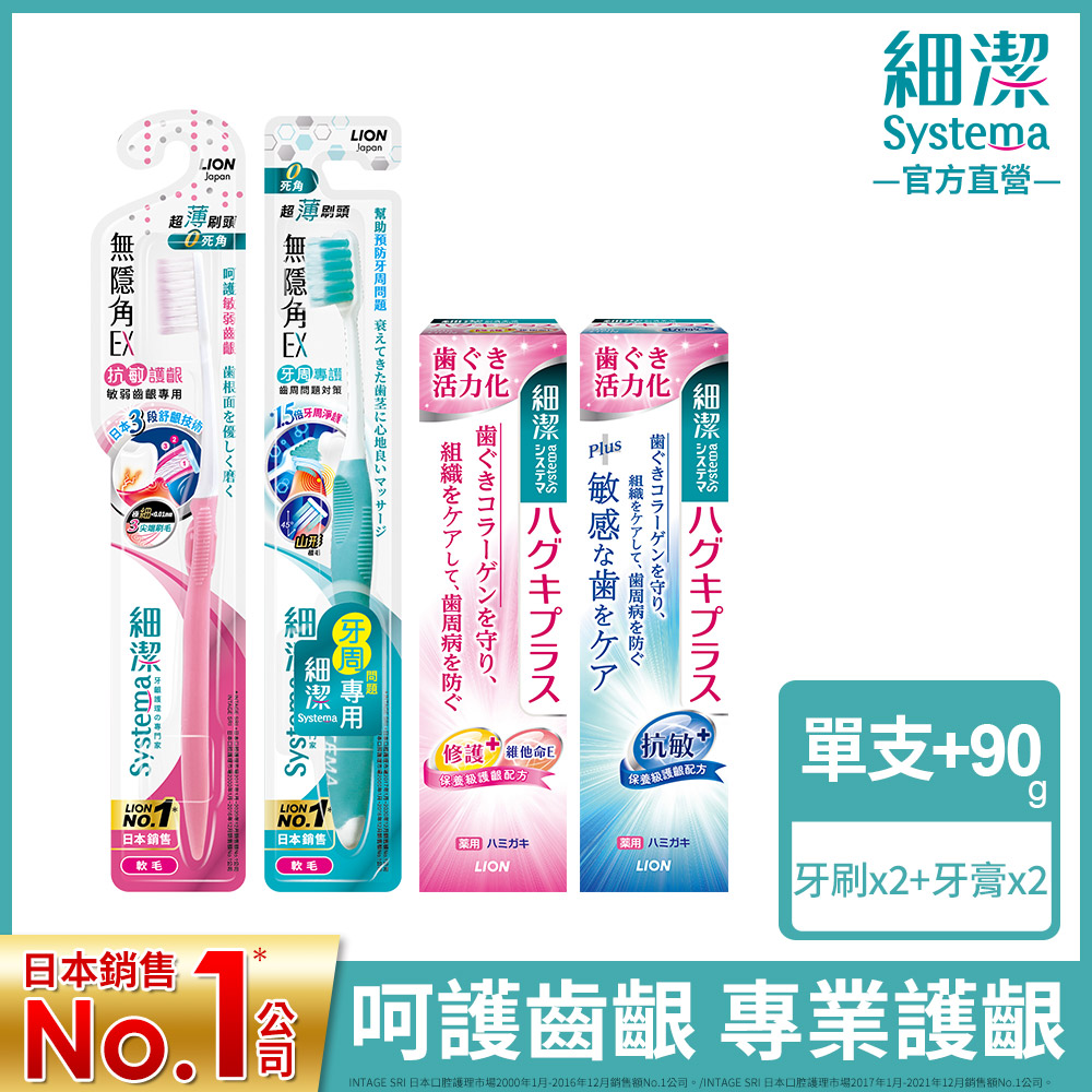 日本獅王LION 細潔專業抗敏護齦組-適齦佳牙膏x2+無隱角EX牙刷x2