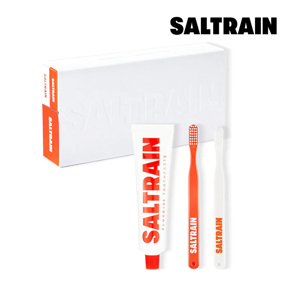【SALTRAIN】低氟三件組-紅(低氟淨護灰鹽牙膏100g+牙刷-紅*2)