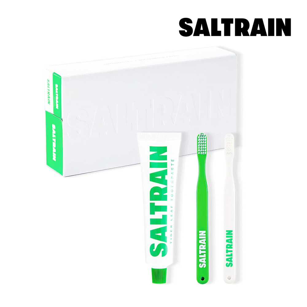 【SALTRAIN】積雪草三件組-綠(積雪草修護灰鹽牙膏100g+牙刷-綠*2)