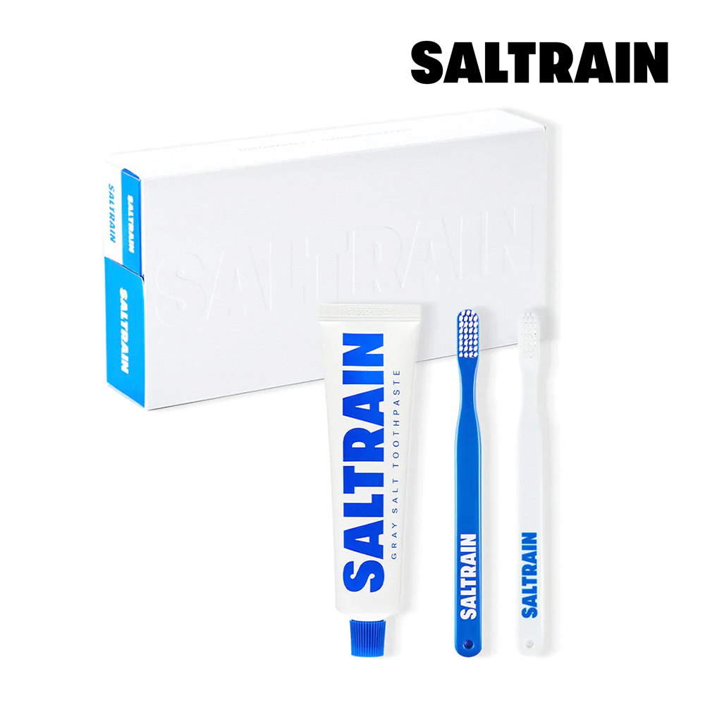 【SALTRAIN】經典三件組-藍(經典薄荷灰鹽牙膏100g+牙刷-藍*2)