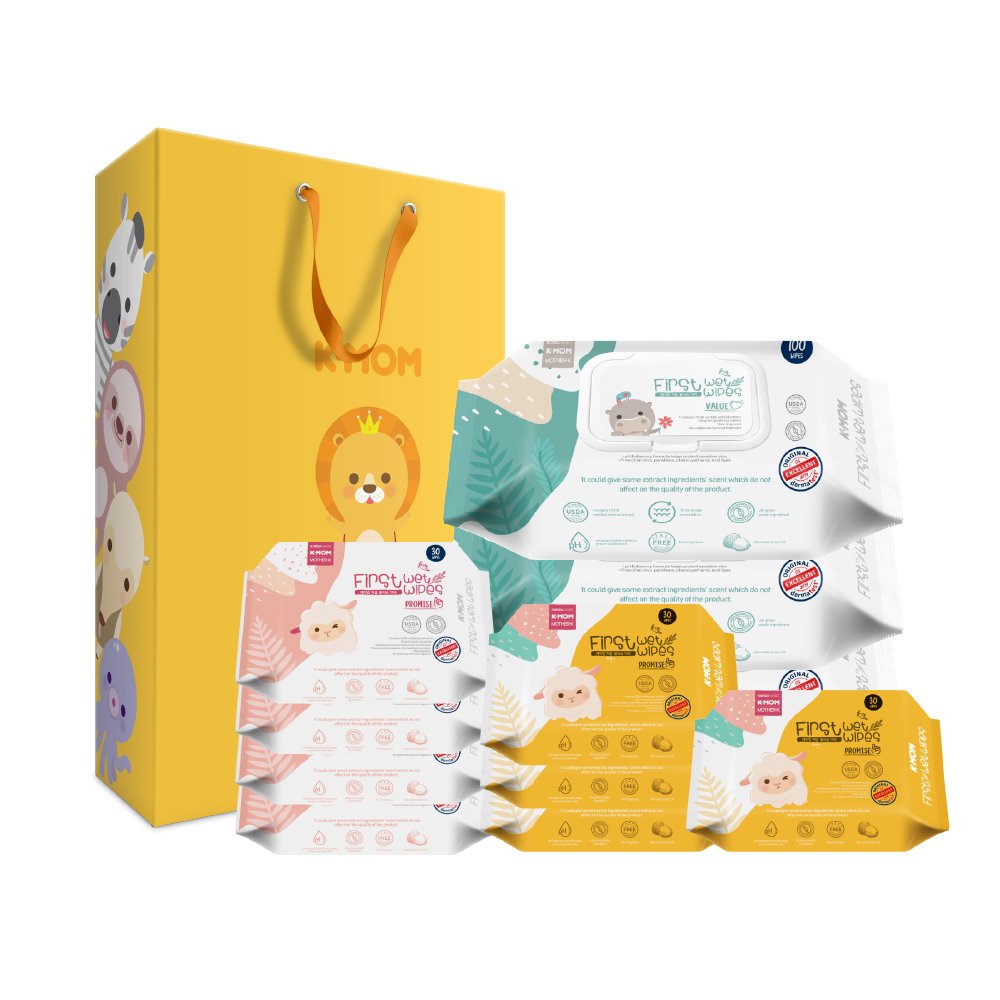 K-MOM 濕紙巾禮盒(黃禮盒+掀蓋柔花款100抽*3包+基本攜帶款30抽*8)