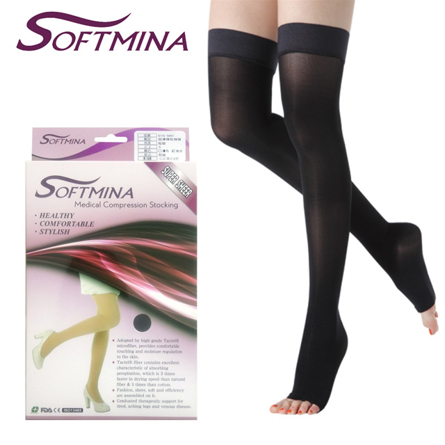 【Softmina】專業醫療彈性壓力止滑露趾大腿襪-超薄型