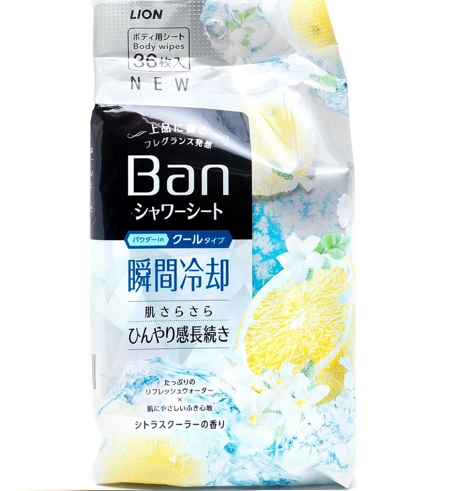 日本【LION】BAN 瞬間冷� 清爽爽身粉濕紙巾 36張 (柑橘香)