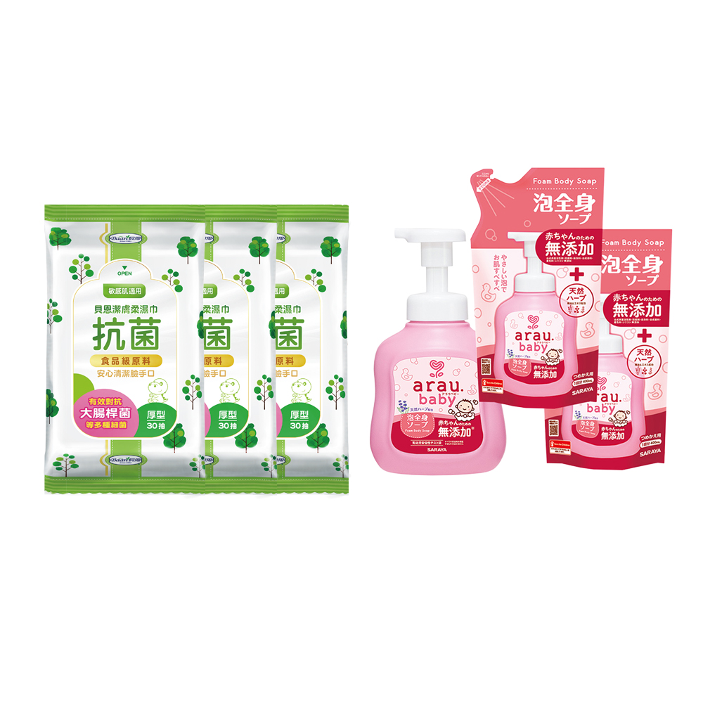 【Baan 貝恩】潔膚抗菌柔濕巾30抽20包+【愛樂寶】 寶貝無新增2合1洗髮沐浴泡泡組(450ml+400ml*2)