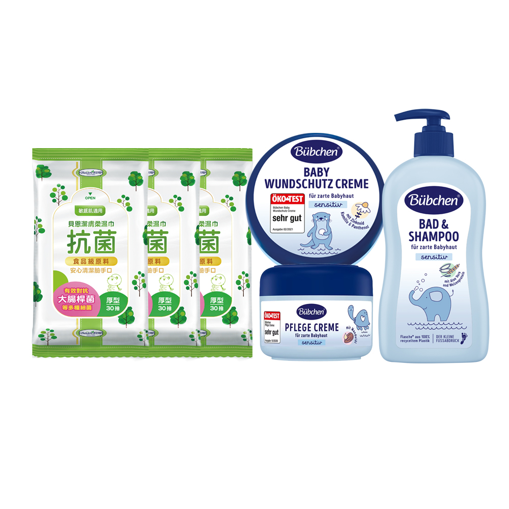 【Baan 貝恩】潔膚抗菌柔濕巾30抽20包+【貝臣】萬用護膚膏+雪花膏+雙效洗髮沐浴露(150ml+75ml+400ml)