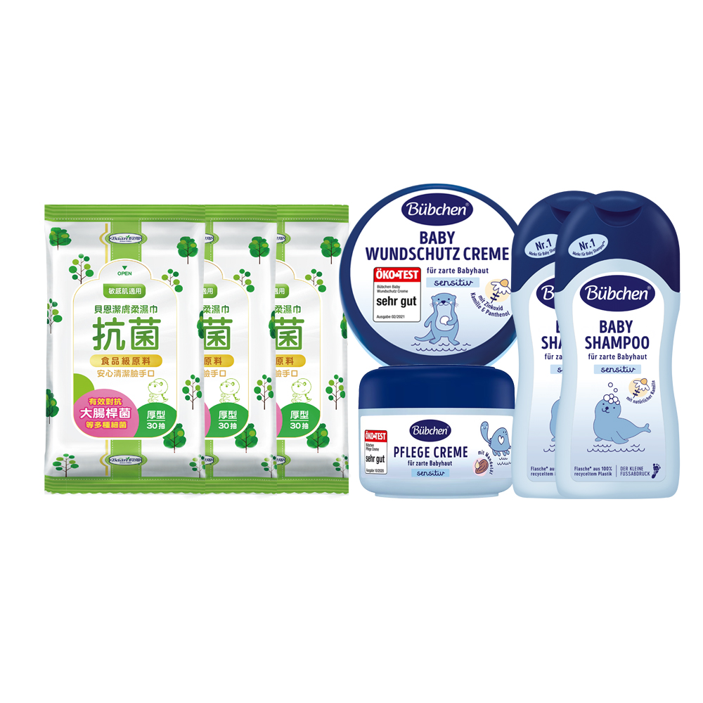 【Baan 貝恩】潔膚抗菌柔濕巾30抽20包+【貝臣】萬用護膚膏+雪花膏+嬰兒洗髮精(150ml+75ml+200ml*2)