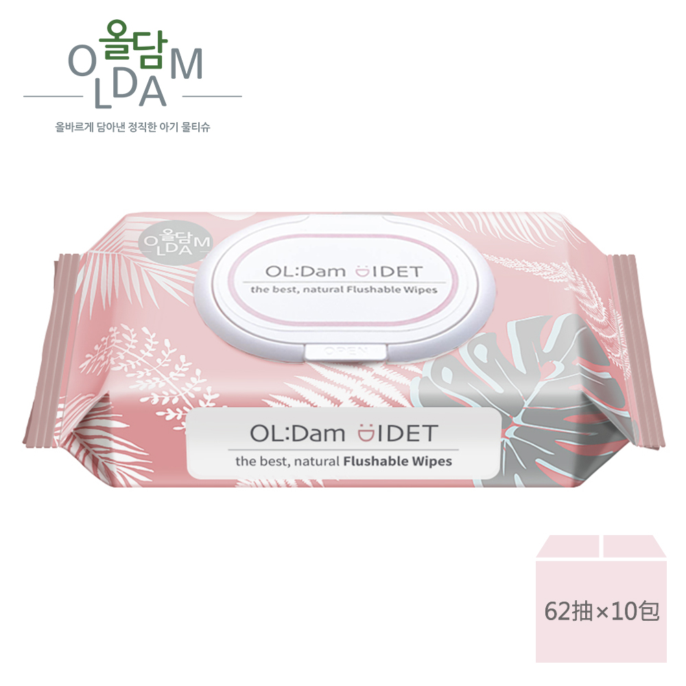 【韓國OLDAM】 韓國媽媽安心推薦 可沖濕式衛生紙 無味 有蓋 62抽 10包