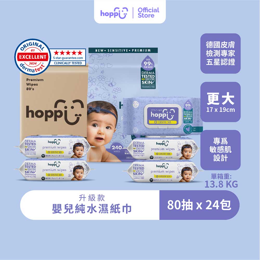 Hoppi 高階敏感濕紙巾 80抽24包 德國Derma Test 認證 加大款 專為敏感肌膚設計