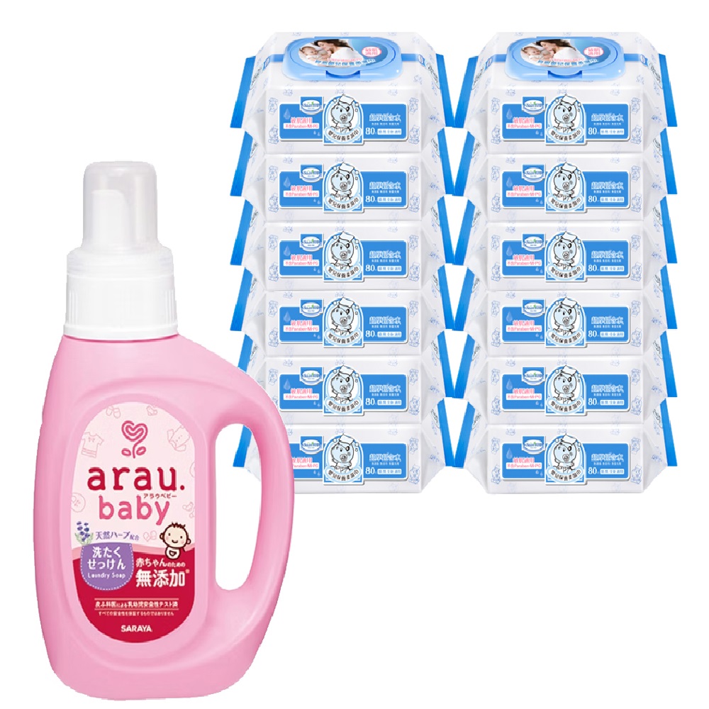 【貝恩】保養柔濕巾80抽*12包+【SARAYA】愛樂寶 寶貝無新增洗衣液800ml