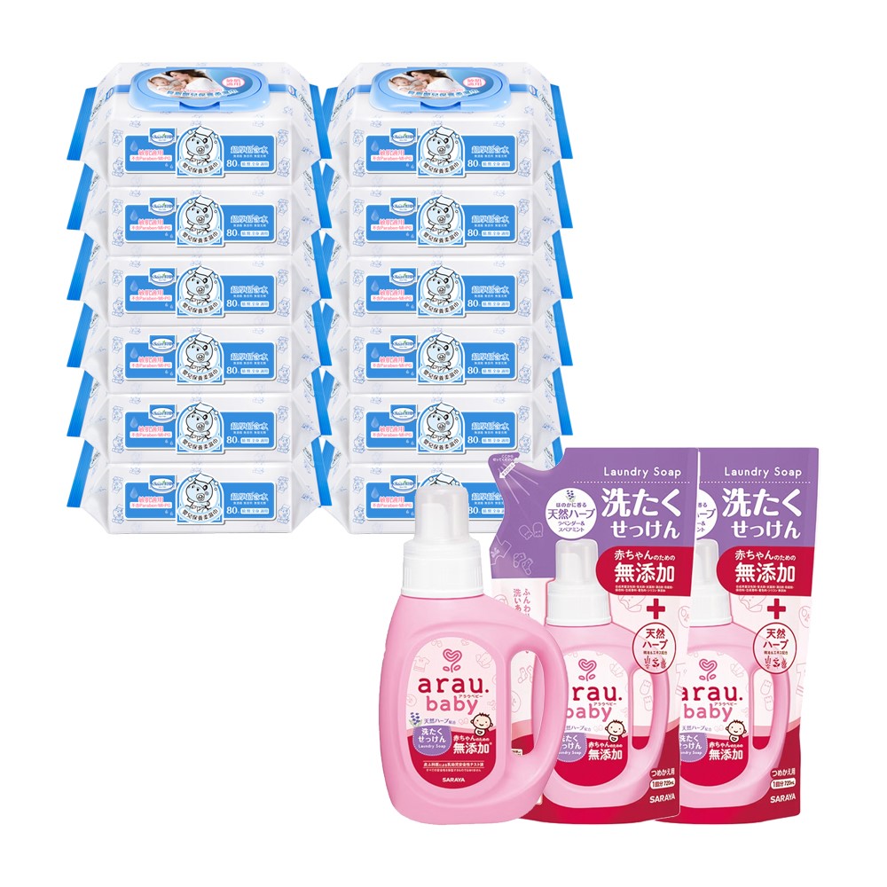 【Baan 貝恩】保養柔濕巾80抽12包+愛樂寶 寶貝無新增洗衣液組(800ml+720ml*2)