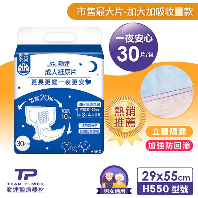 【勤達】替換式成人紙尿片(30片x1包)-夜用型(立體防漏隔邊)