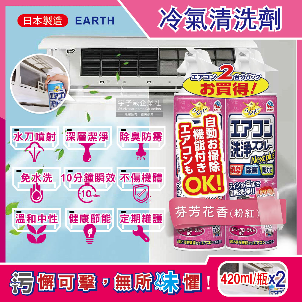 (2瓶超值組)日本興家安速-NextPlus+免水洗10分鐘瞬效除臭防霉芳香冷氣清潔劑-芬芳花香(粉紅瓶)420ml