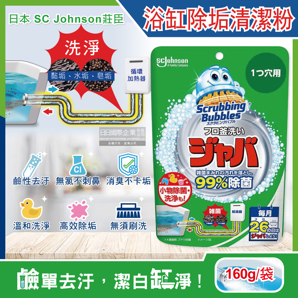 日本原裝SC Johnson莊臣-浴缸除水垢清潔粉160g/袋(免刷洗鹼性泡沫去汙消臭多用途清潔劑)