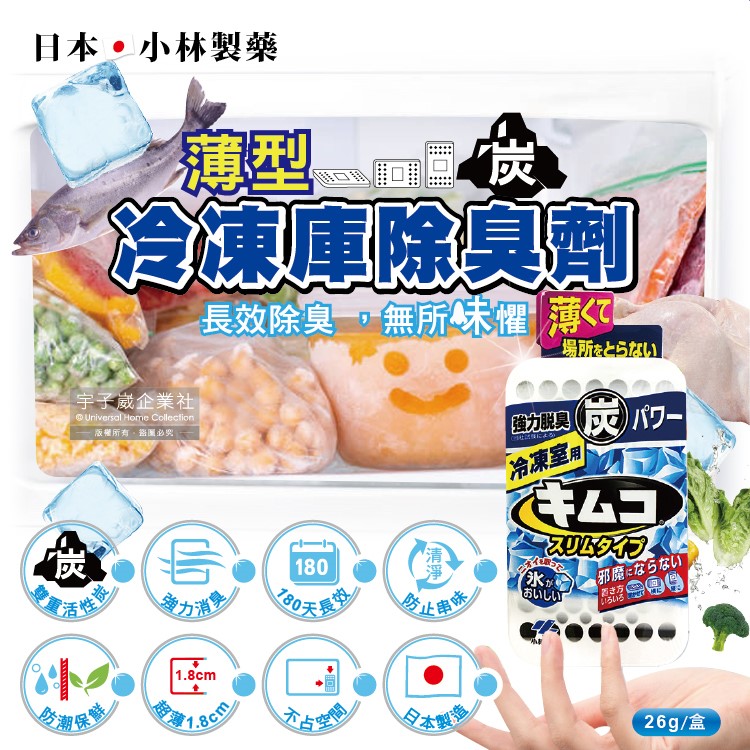 日本小林製藥-冰箱冷凍庫專用1.8cm超薄型雙重活性炭除臭劑26g/盒(180天長效防潮脫臭食物保鮮)