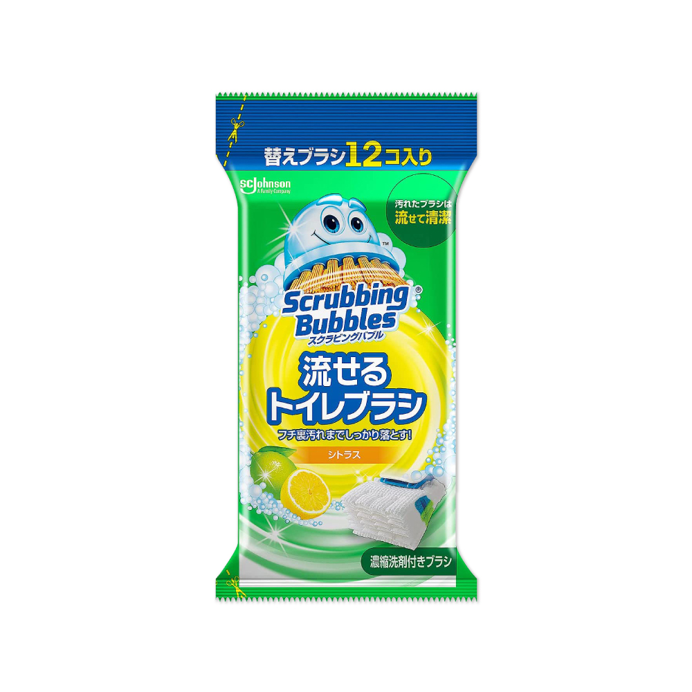 日本SC Johnson莊臣-拋棄式馬桶刷清潔組專用含濃縮洗劑替換刷頭補充包-檸檬香(黃)新藍12入