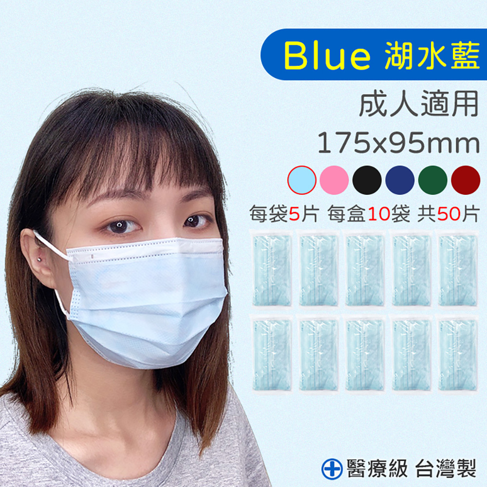【旺昌】雙鋼印醫用三層成人口罩未滅菌50片/盒-湖水藍