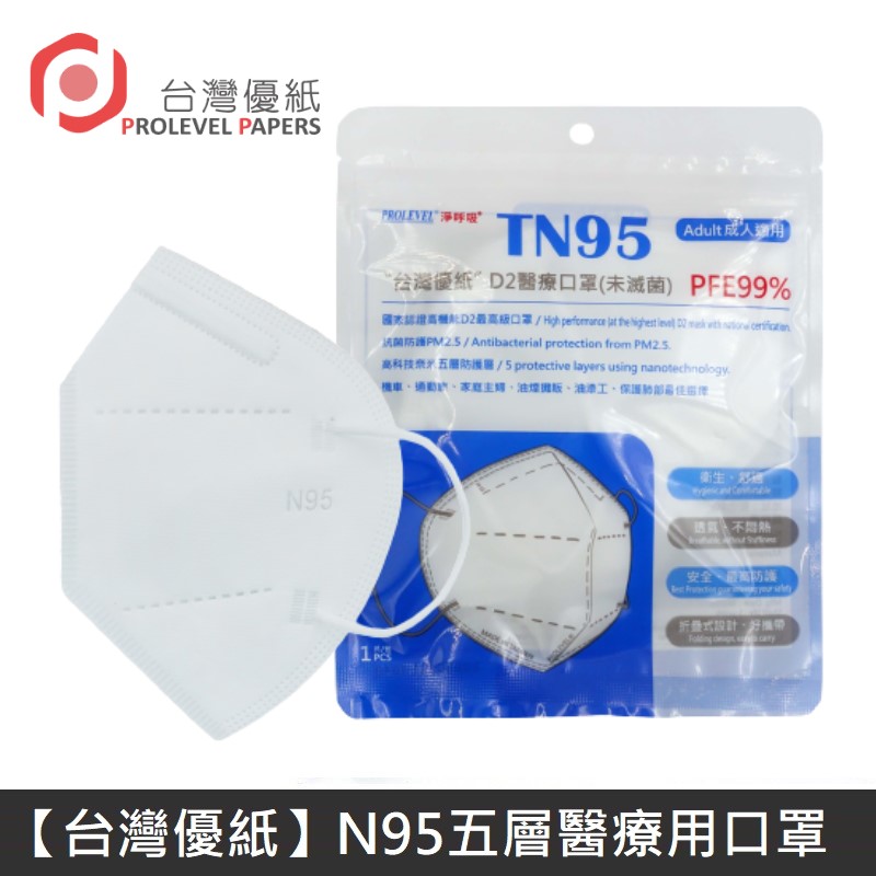 【台灣優紙】N95 醫療口罩 TN95 高科技奈米 五層 高防護 醫療用口罩 台灣製造 (5入)