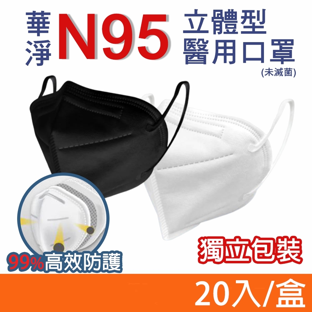 【華淨醫材】N95立體型醫用口罩 黑色/白色 20入/盒