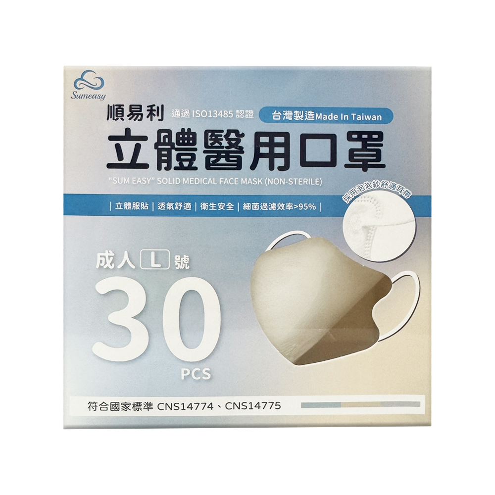 【順易利】3D立體醫用成人口罩 四層/L款/30片-白色