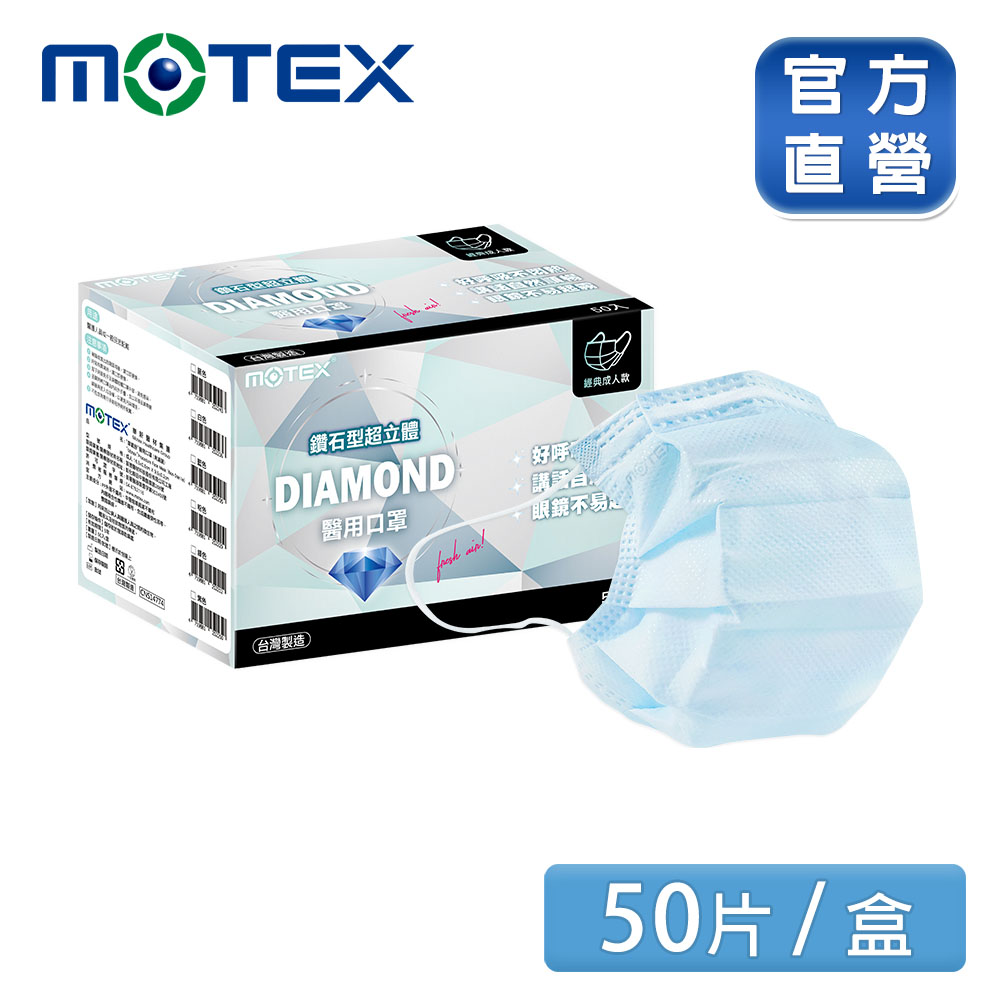 【MOTEX 摩戴舒】鑽石型醫用口罩 藍色(50片/盒) 好呼吸不悶熱