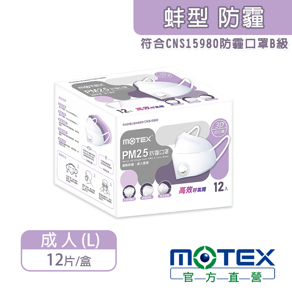 【MOTEX 摩戴舒】 3D立體運動防霾 PM2.5防霾B級口罩 (12片裸裝/盒) -5層設計