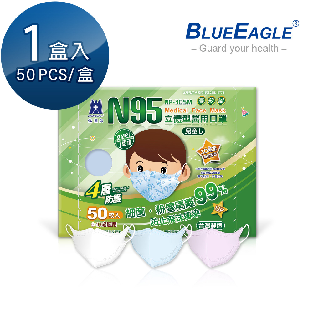 【藍鷹牌】N95立體型6-10歲兒童醫用口罩 (藍天藍/白雲白) 50片x1盒