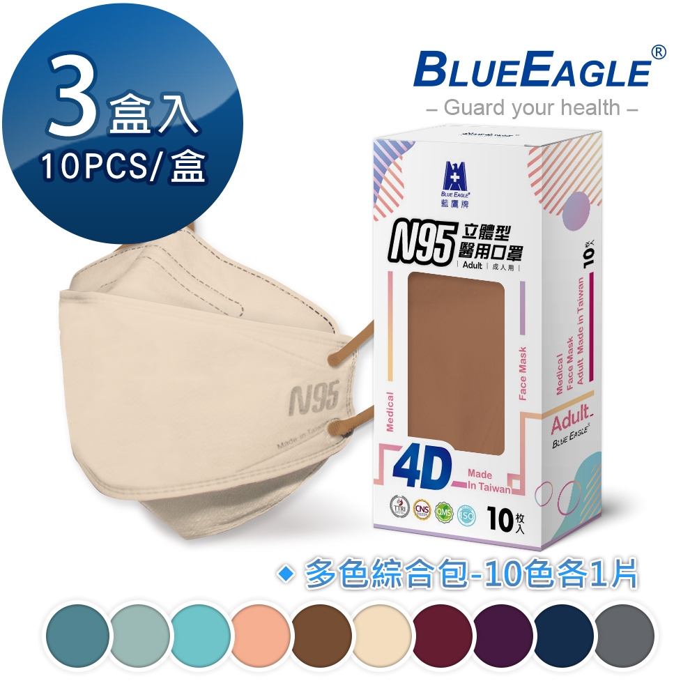 【藍鷹牌】N95 4D立體型醫療成人口罩 (綜合包) 10片x3盒