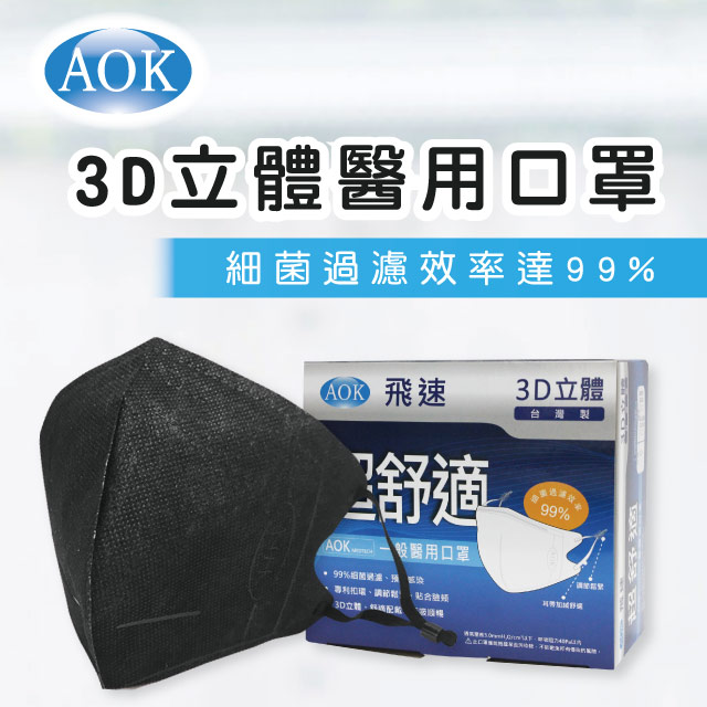 【AOK 】3D立體醫用口罩-深黑色 (50入/ 盒) M號x2盒組 (共100入)