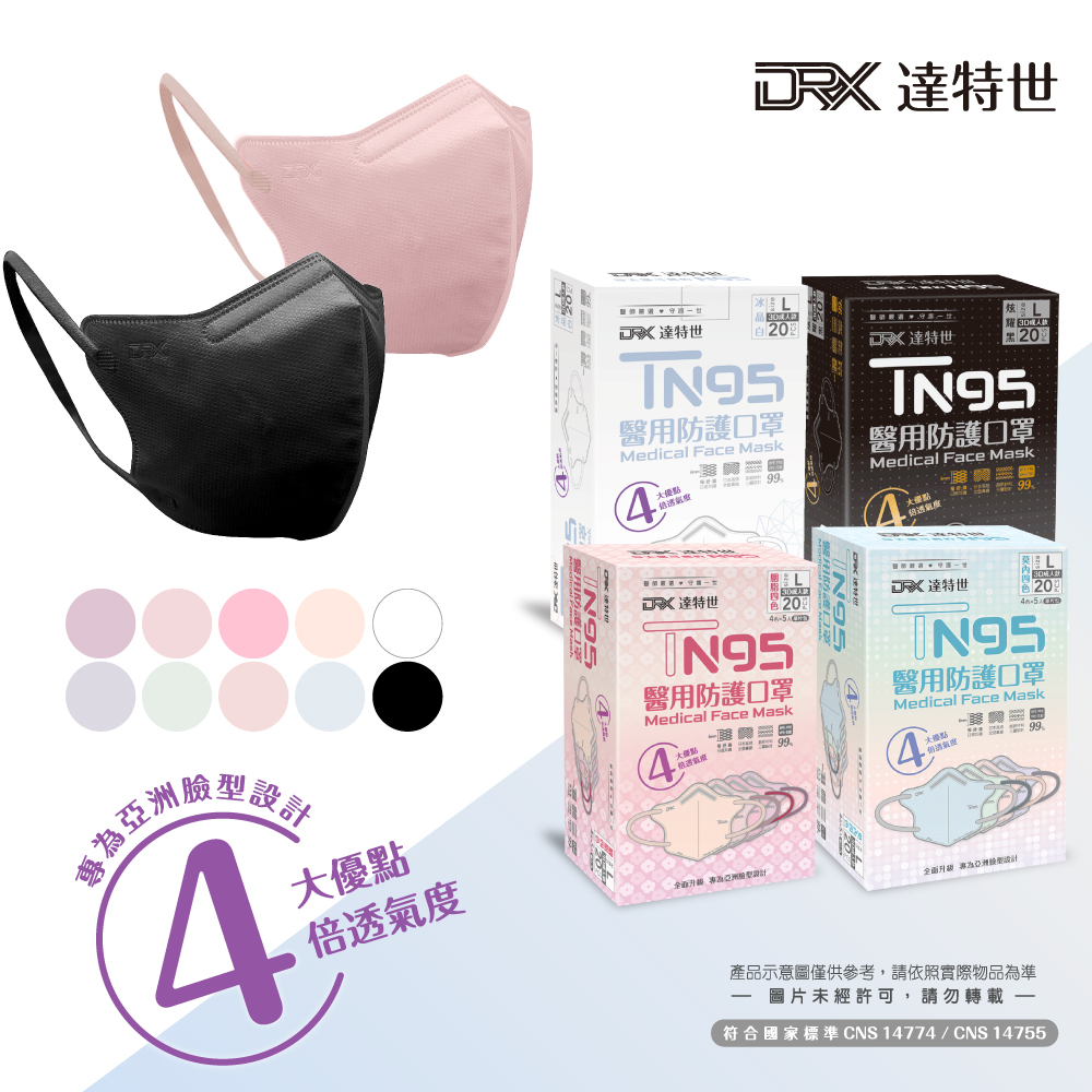 5入組│【DRX達特世】TN95醫用3D口罩-冰晶白/炫耀黑-20入