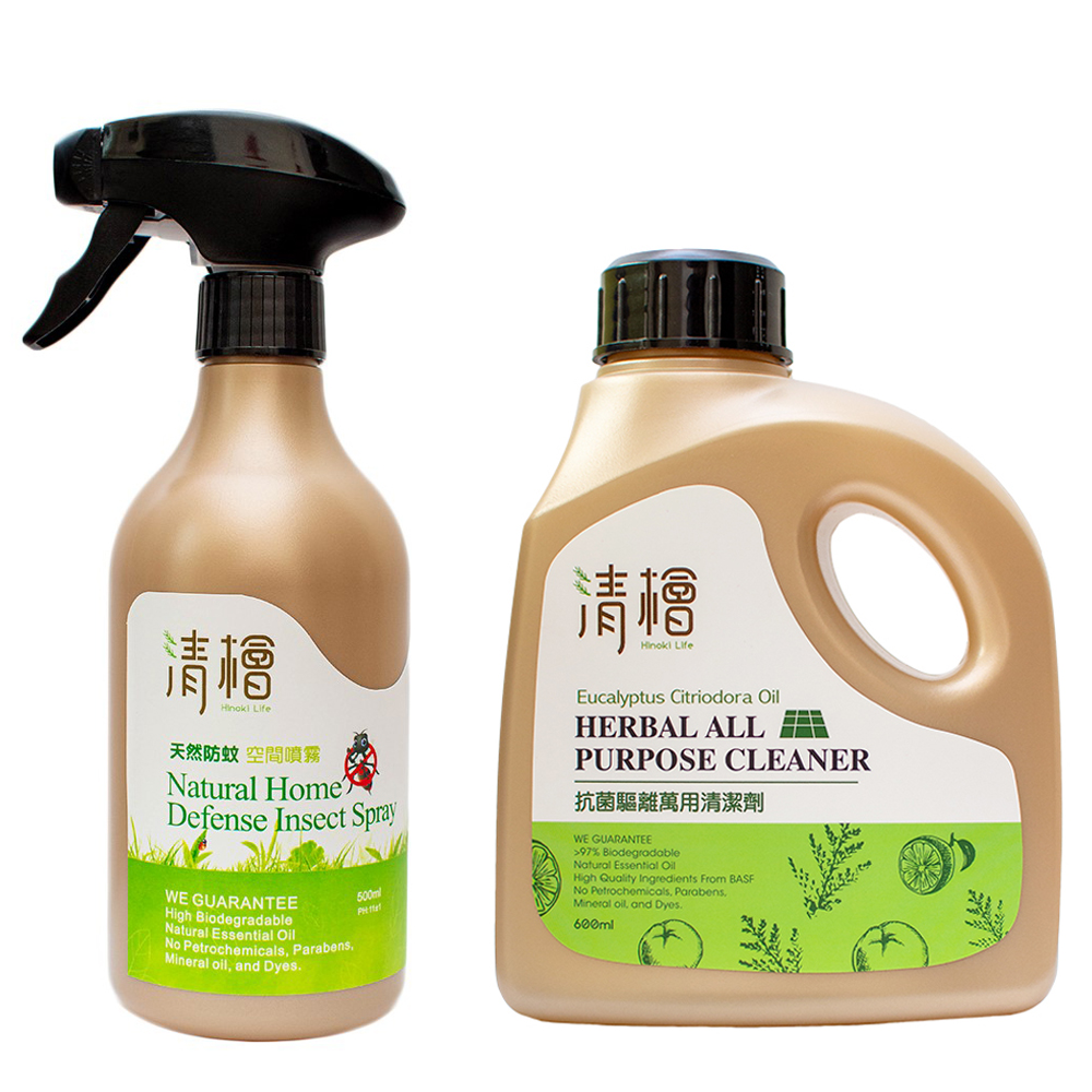 【Hinoki Life 清檜】雙剋星組合(天然防蚊空間噴-500ml/瓶+抗菌驅離萬用清潔劑 600ml/瓶)