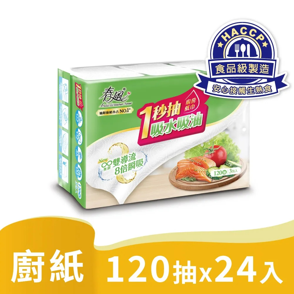 春風 一秒抽抽取式廚房紙巾(120抽x3包x8串/箱)