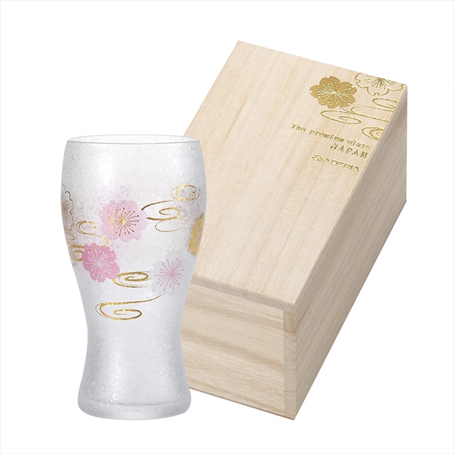 【日本石塚哨子ADERIA】 櫻水紋啤酒杯1入木盒組 櫻花酒杯 木製酒杯禮盒