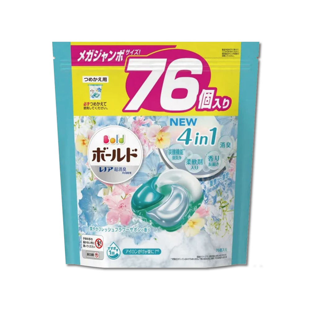 日本P&G Bold- 新4D炭酸機能4合1洗淨消臭柔順香氛洗衣凝膠球76顆/袋-白葉花